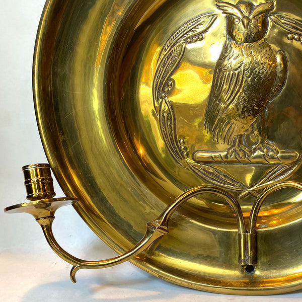 English Arts and Crafts Repoussé Brass Owl Two-Arm Candle Wall Sconce