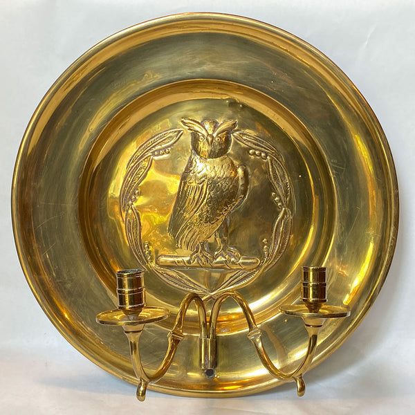English Arts and Crafts Repoussé Brass Owl Two-Arm Candle Wall Sconce