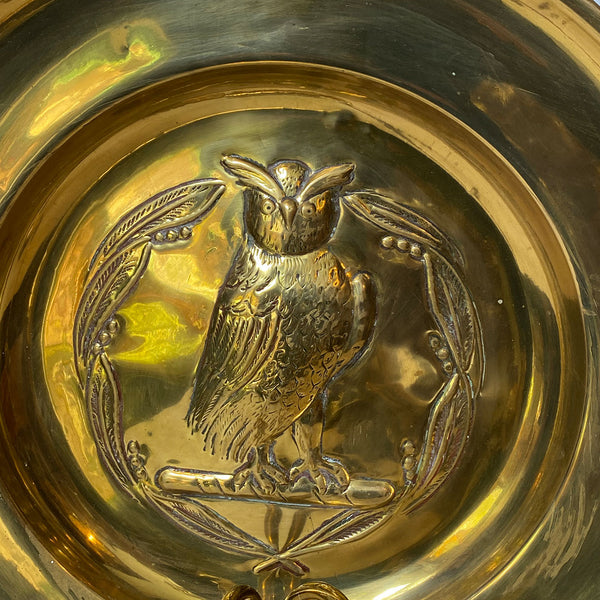 English Arts and Crafts Repoussé Brass Owl Two-Arm Candle Wall Sconce