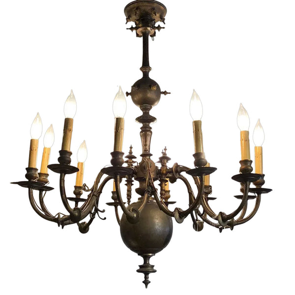 Large French Baroque Style Patinated Brass 12-Light Chandelier