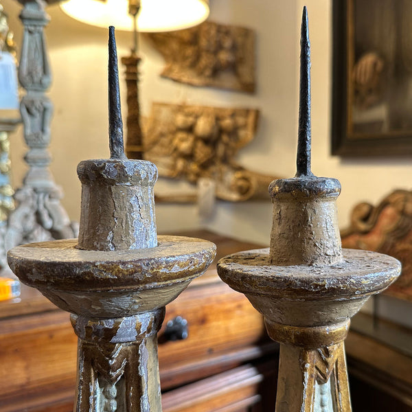 Near Pair Indo-Portuguese Painted and Gilt Teak Pricket Candlesticks