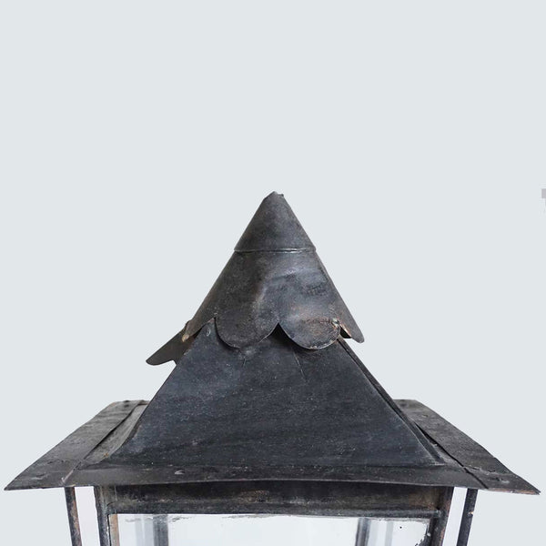 Anglo Indian Black Toleware, Glass Post Lantern on Teak Base