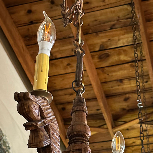 Small Indian Folk Art Teak Horse Head Turban Winder Four-Light Chandelier