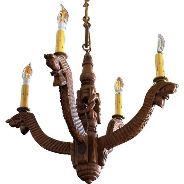 Small Indian Folk Art Teak Horse Head Turban Winder Four-Light Chandelier