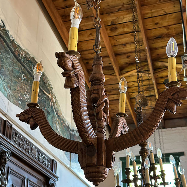 Small Indian Folk Art Teak Horse Head Turban Winder Four-Light Chandelier