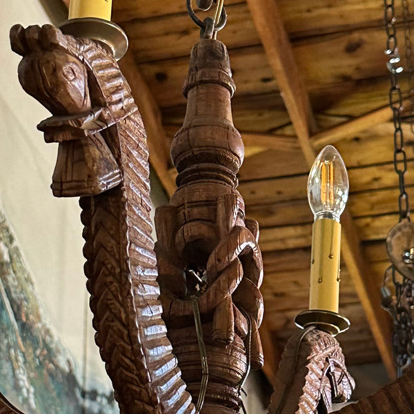 Small Indian Folk Art Teak Horse Head Turban Winder Four-Light Chandelier