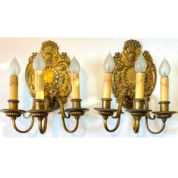 Pair of French Baroque Style Gilt Bronze Three-Light Wall Sconces