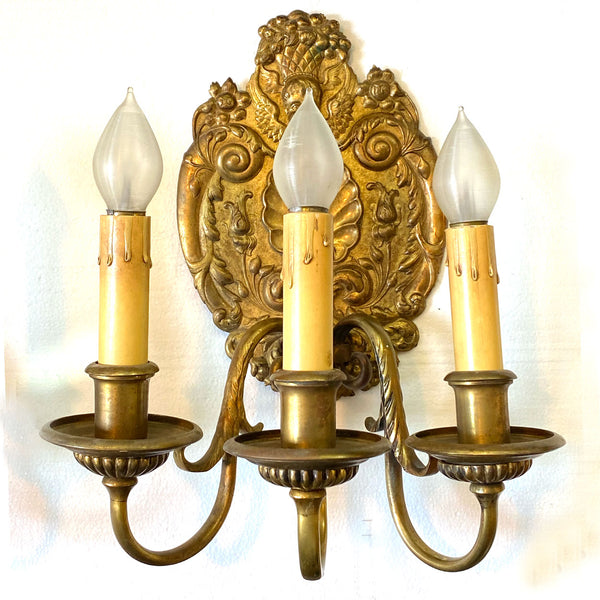 Pair of French Baroque Style Gilt Bronze Three-Light Wall Sconces