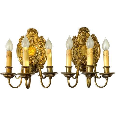 Pair of French Baroque Style Gilt Bronze Three-Light Wall Sconces