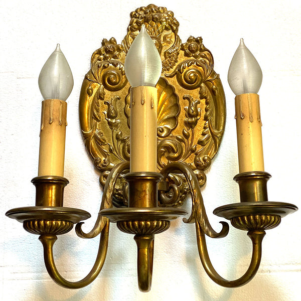 Pair of French Baroque Style Gilt Bronze Three-Light Wall Sconces