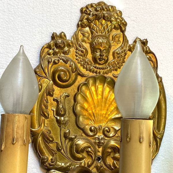 Pair of French Baroque Style Gilt Bronze Three-Light Wall Sconces