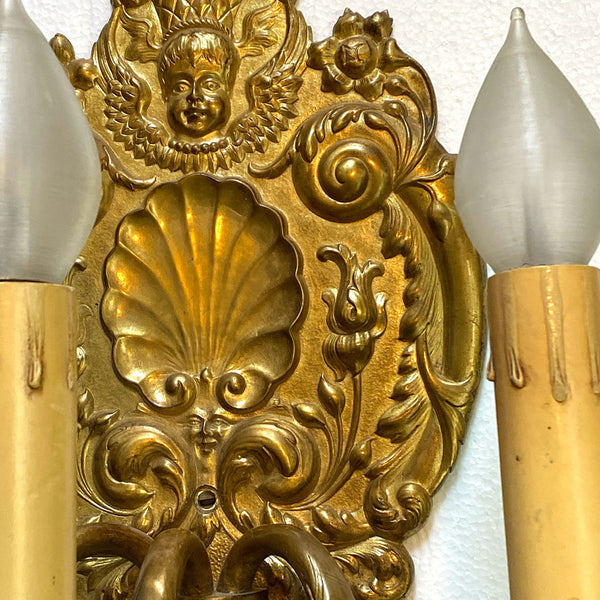 Pair of French Baroque Style Gilt Bronze Three-Light Wall Sconces