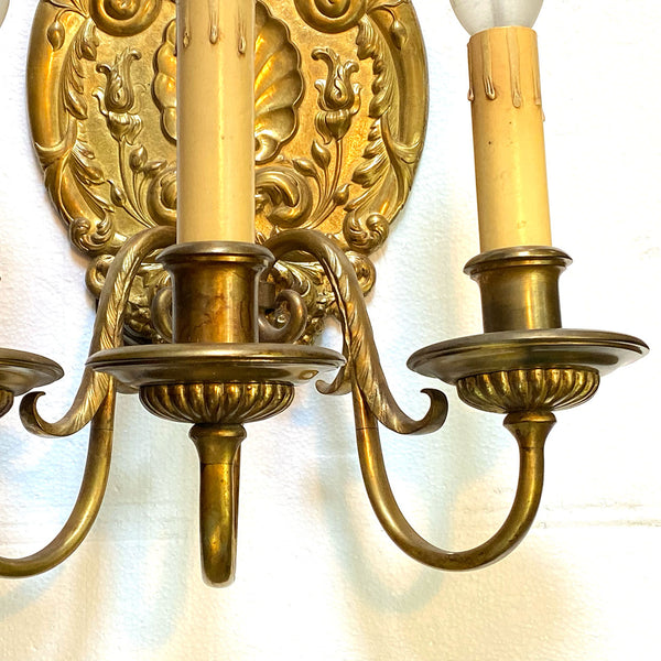 Pair of French Baroque Style Gilt Bronze Three-Light Wall Sconces