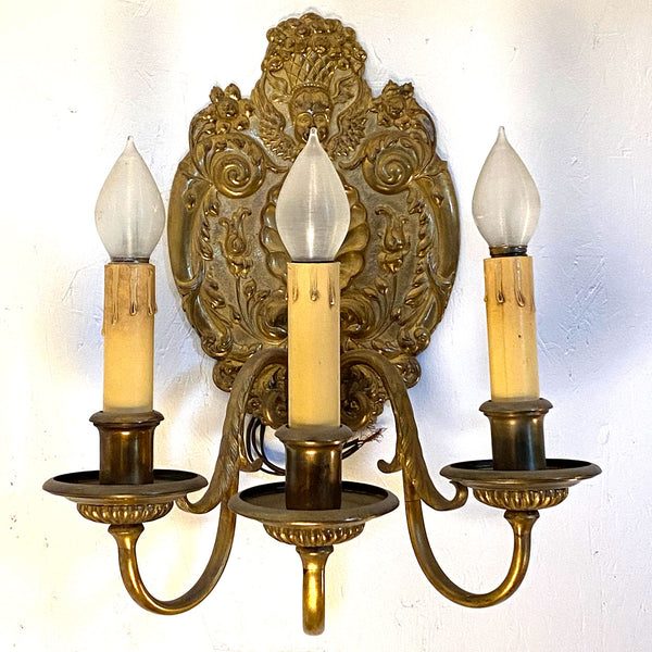 Pair of French Baroque Style Gilt Bronze Three-Light Wall Sconces