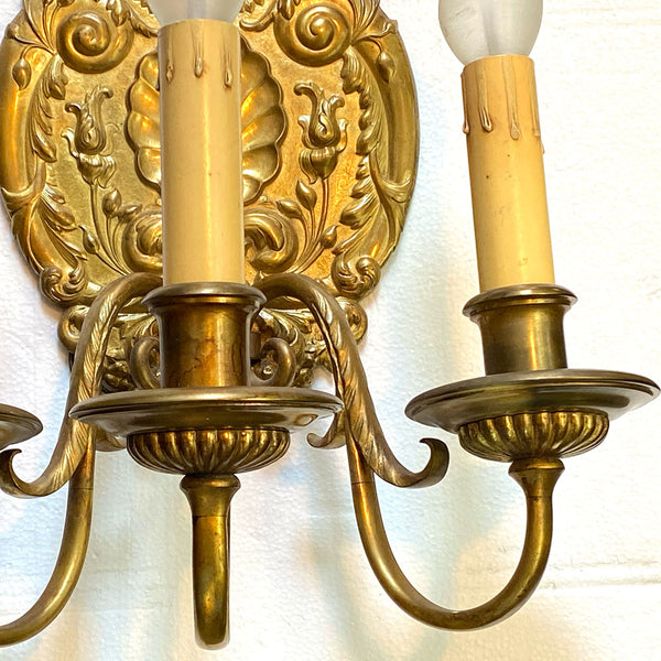 Pair of French Baroque Style Gilt Bronze Three-Light Wall Sconces