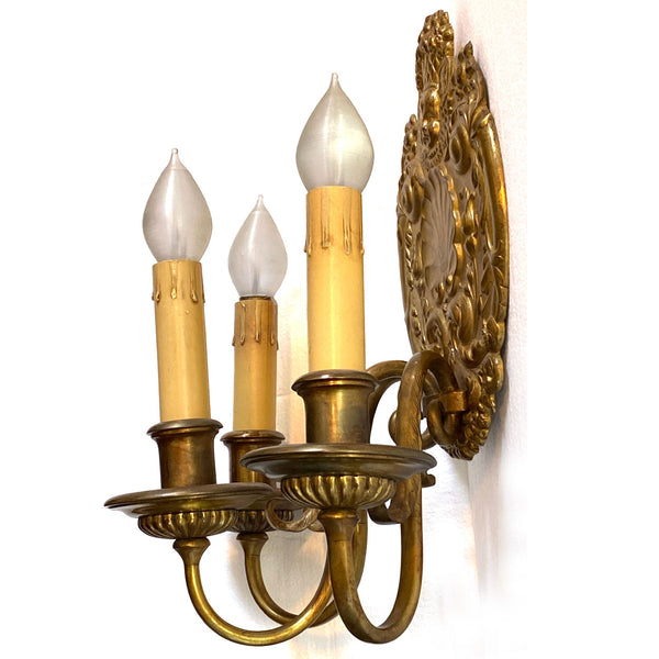 Pair of French Baroque Style Gilt Bronze Three-Light Wall Sconces