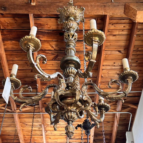 French Baroque Revival Brass Six-Light Chandelier