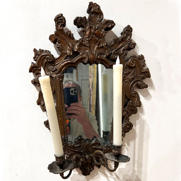 Pair of Italian Baroque Mirrored Copper and Pine Two-Candlearm Sconces