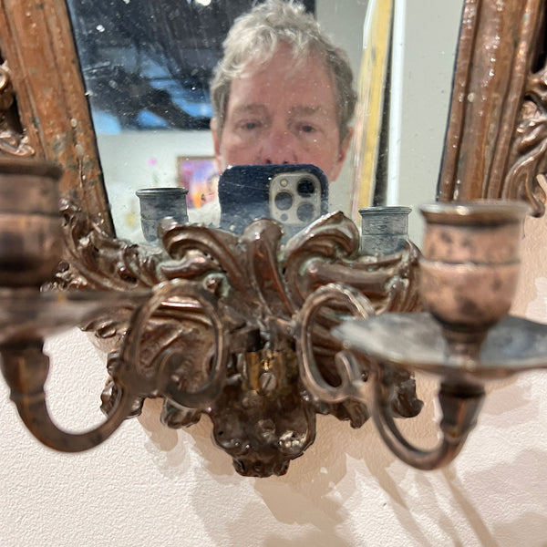 Pair of Italian Baroque Mirrored Copper and Pine Two-Candlearm Sconces