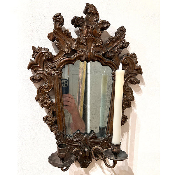 Pair of Italian Baroque Mirrored Copper and Pine Two-Candlearm Sconces