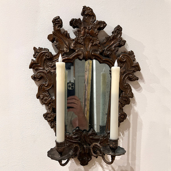 Pair of Italian Baroque Mirrored Copper and Pine Two-Candlearm Sconces