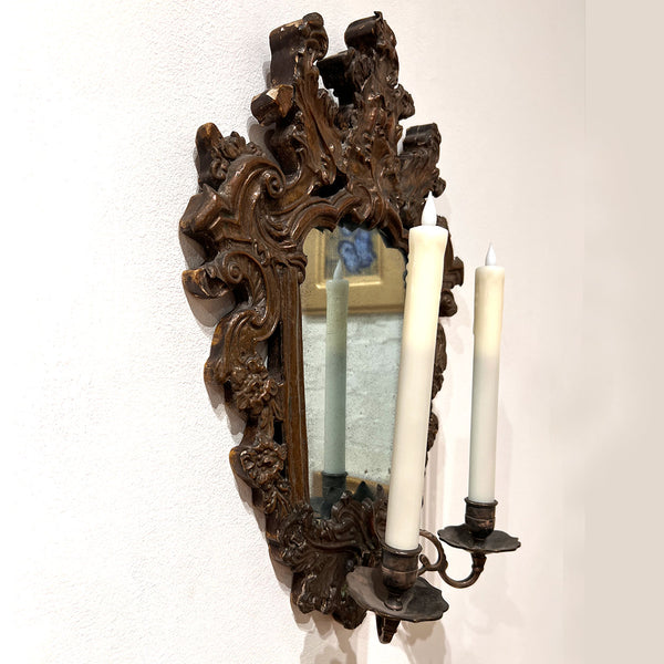Pair of Italian Baroque Mirrored Copper and Pine Two-Candlearm Sconces