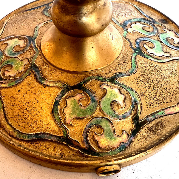 American Tiffany Furnaces Bronze Dore Champleve Enamel Three-Light Table Lamp