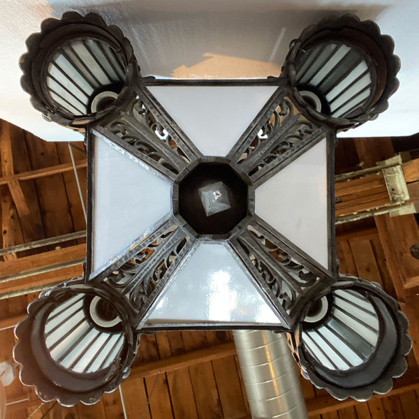 American Albert Sechrist Gothic Revival Wrought Iron, Glass Eight-Light Pendant Lantern