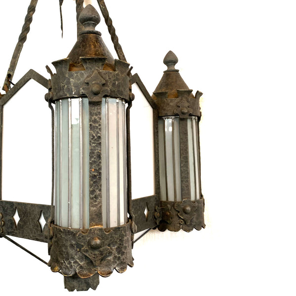 American Albert Sechrist Gothic Revival Wrought Iron, Glass Eight-Light Pendant Lantern