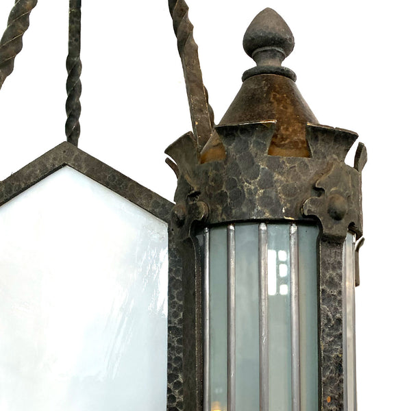American Albert Sechrist Gothic Revival Wrought Iron, Glass Eight-Light Pendant Lantern