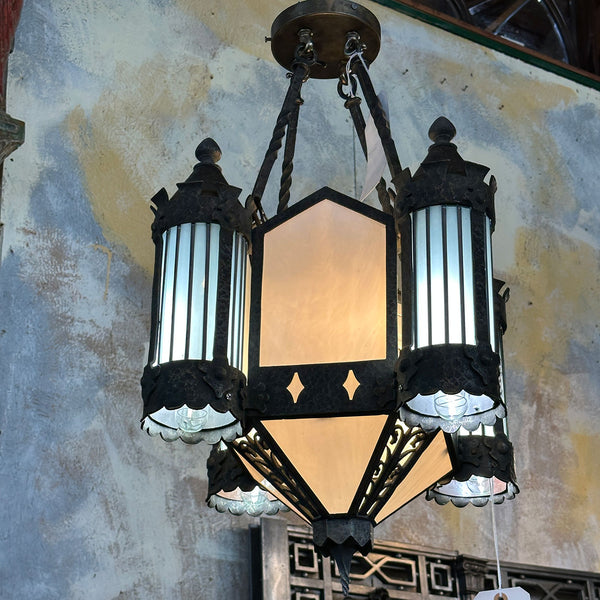 American Albert Sechrist Gothic Revival Wrought Iron, Glass Eight-Light Pendant Lantern