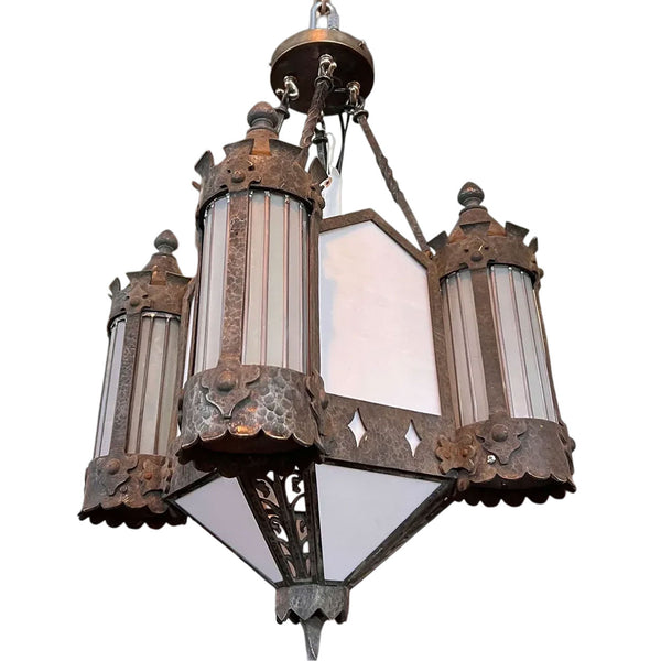 American Albert Sechrist Gothic Revival Wrought Iron, Glass Eight-Light Pendant Lantern