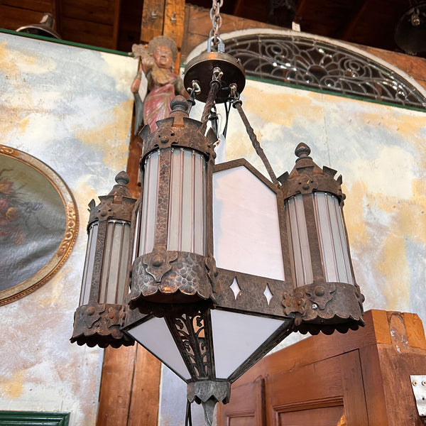 American Albert Sechrist Gothic Revival Wrought Iron, Glass Eight-Light Pendant Lantern