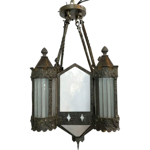 American Albert Sechrist Gothic Revival Wrought Iron, Glass Eight-Light Pendant Lantern