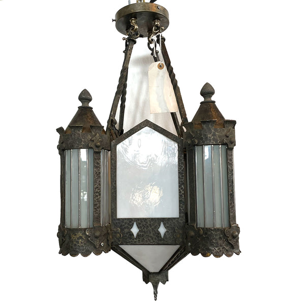 American Albert Sechrist Gothic Revival Wrought Iron, Glass Eight-Light Pendant Lantern