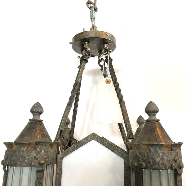 American Albert Sechrist Gothic Revival Wrought Iron, Glass Eight-Light Pendant Lantern