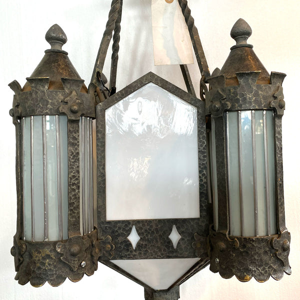American Albert Sechrist Gothic Revival Wrought Iron, Glass Eight-Light Pendant Lantern