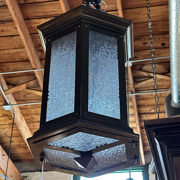 American Brass and Textured Rolled Glass Hexagonal One-Light Hanging Lantern