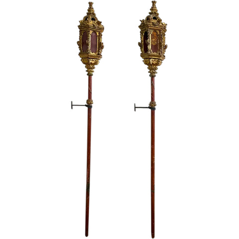 Pair Italian Venetian Giltwood and Glass Torchere Post Gondola Lanterns