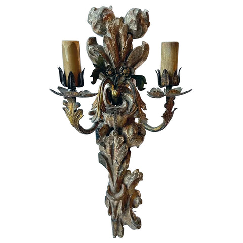 Italian Carved, Painted Gesso Wood and Brass Two-Light Wall Sconce