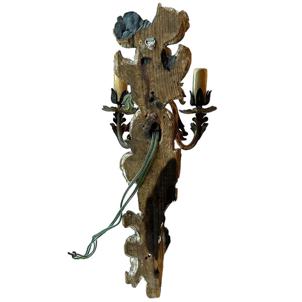 Italian Carved, Painted Gesso Wood and Brass Two-Light Wall Sconce