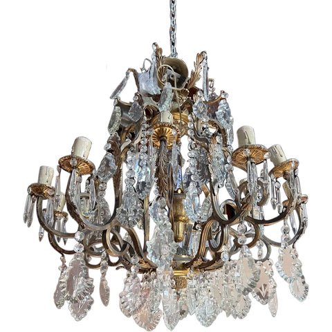 Vintage French Louis XV Style Brass and Crystal Birdcage 13-Light Chandelier