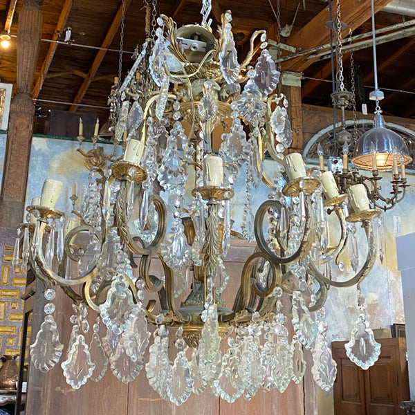 Vintage French Louis XV Style Brass and Crystal Birdcage 13-Light Chandelier