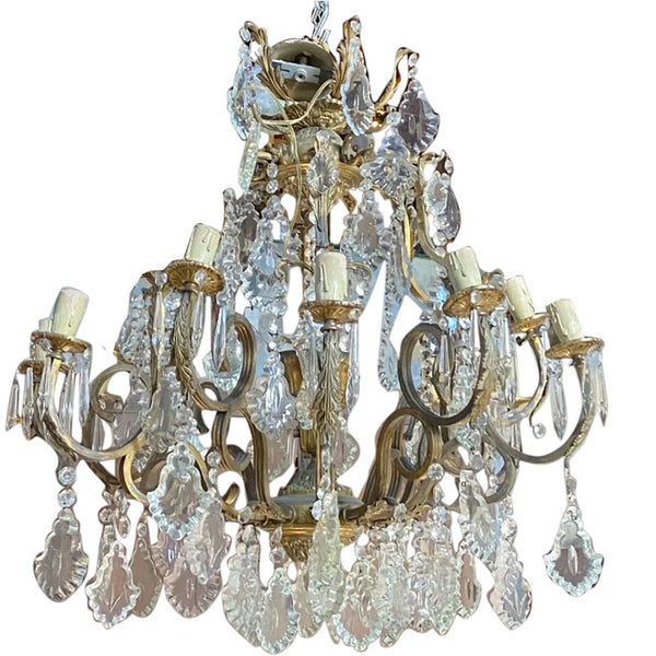 Vintage French Louis XV Style Brass and Crystal Birdcage 13-Light Chandelier