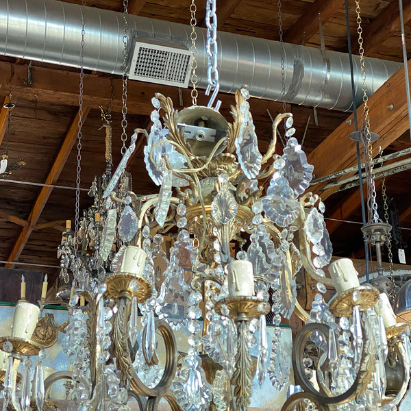 Vintage French Louis XV Style Brass and Crystal Birdcage 13-Light Chandelier