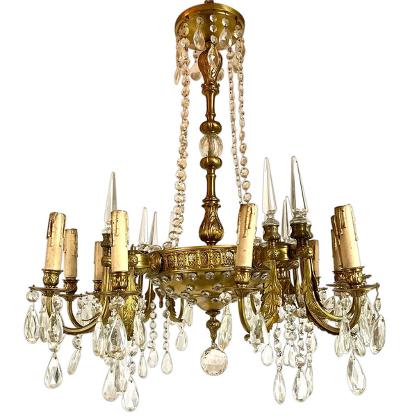 Vintage French Style Brass and Crystal 12-Light Chandelier