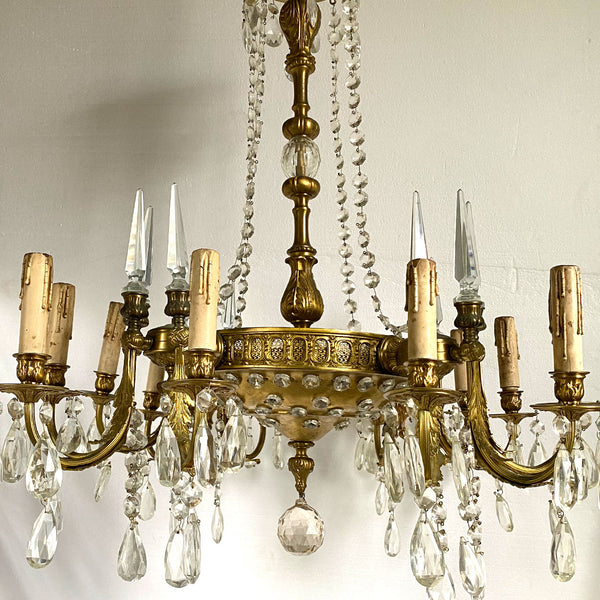 Vintage French Style Brass and Crystal 12-Light Chandelier