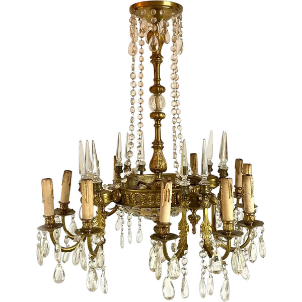 Vintage French Style Brass and Crystal 12-Light Chandelier