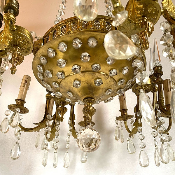 Vintage French Style Brass and Crystal 12-Light Chandelier