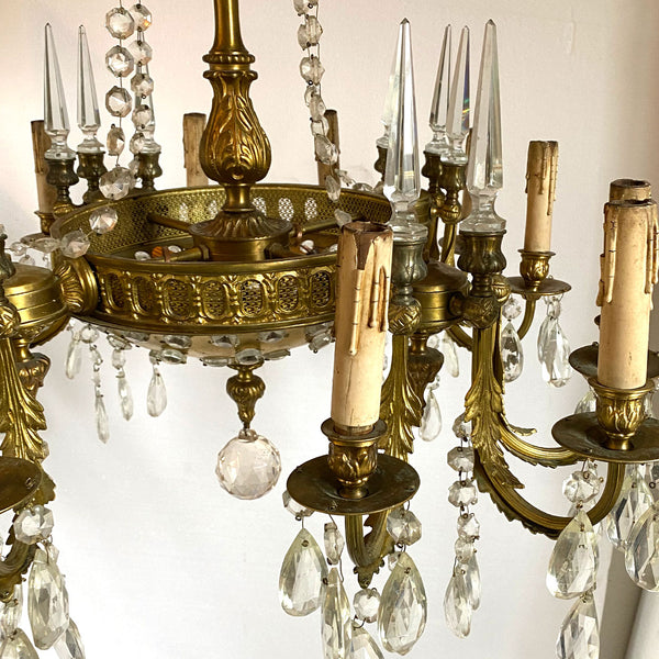 Vintage French Style Brass and Crystal 12-Light Chandelier